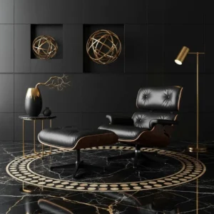 Extra large Walnut Eames lounge chair variation featuring a wider frame and premium black tufted leather against a modern black wall.