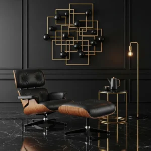 The Rosewood XL version of the Eames lounge chair featuring a wider frame and premium black leather set against a modern black and gold background.