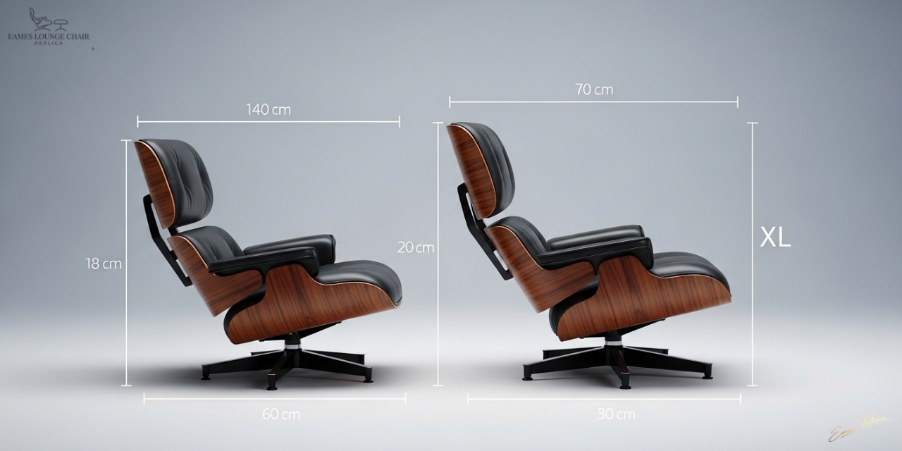 Technical diagram comparing standard and XL Eames lounge chair dimensions in cm.