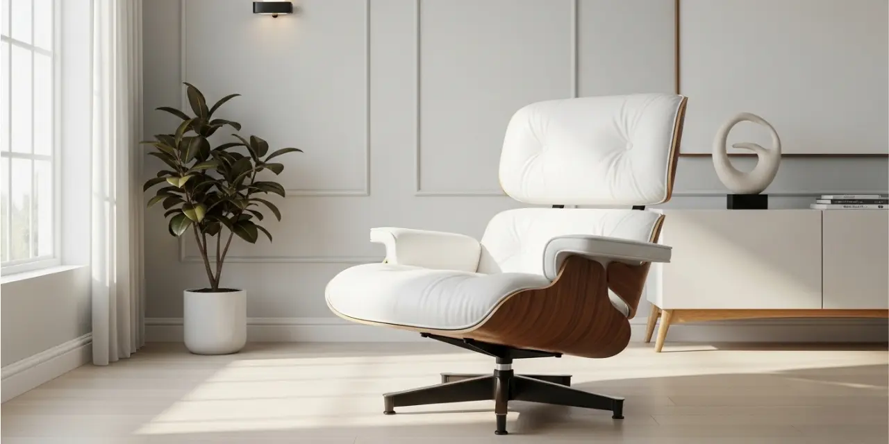 eames lounge chair replica XL rosewood white leather minimal luxury room