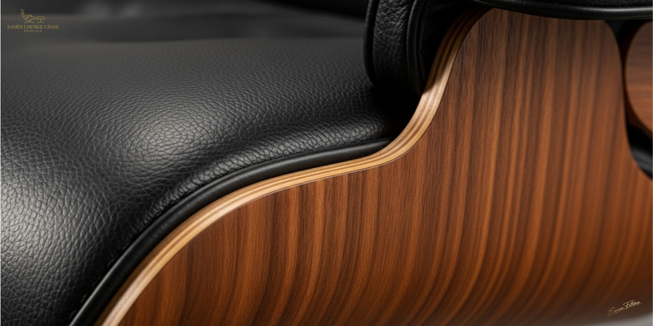 Close-up of 8-ply walnut veneer and genuine aniline leather on a high-quality Eames chair reproduction. eames lounge chair replica uk