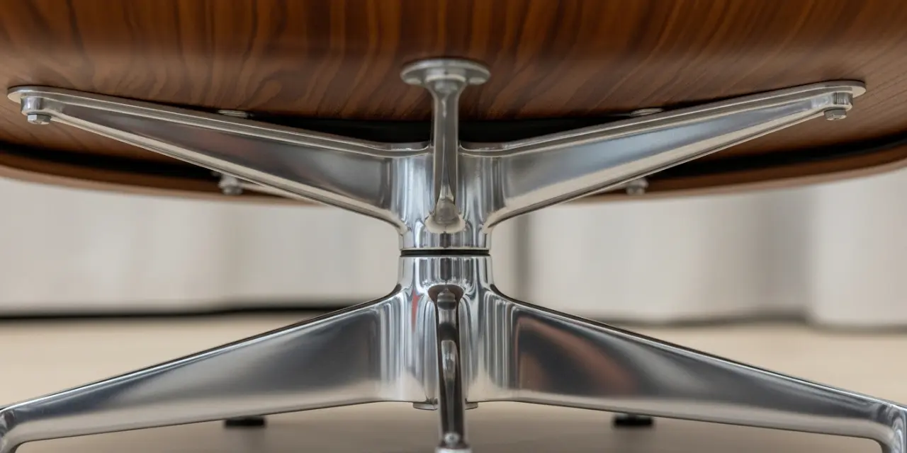 Identifying a high-quality eames lounge chair replica by its 5-star base and internal hardware.