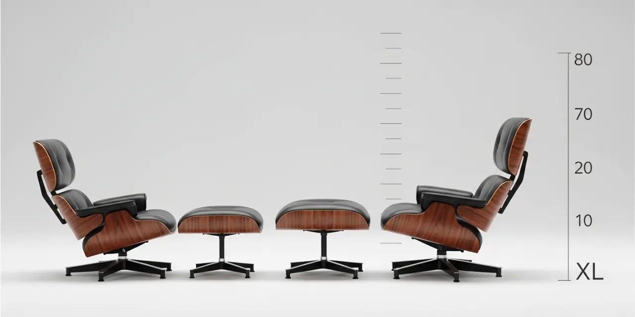 Comparison between standard and XL size Eames lounge chair replicas showing taller backrest for tall people.