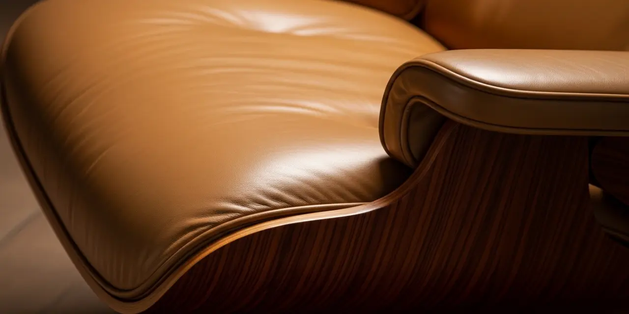 Close-up of a premium Charles Eames lounge chair replica in Tan Brown leather and Rosewood.