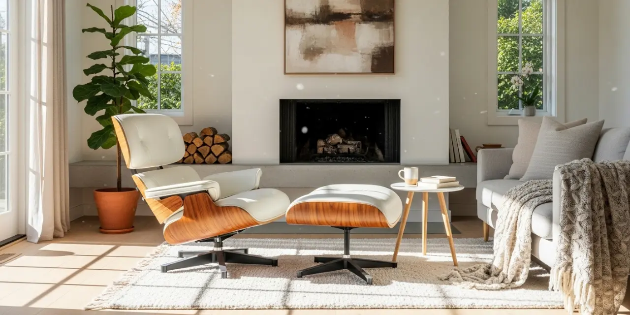 Premium Rosewood and White leather eames lounge chair and ottoman set.