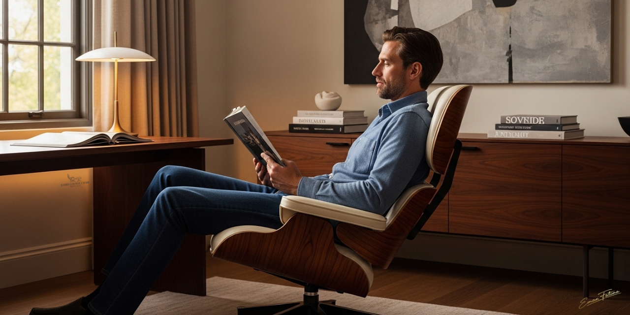 Tall person sitting comfortably in an XL Eames style lounge chair with full head support.